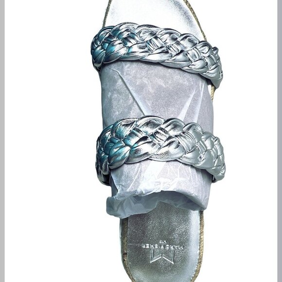 Marc Fisher Womens Silver Leather Platform Espadrille Slide Sandals Sz 8.5 New - Picture 3 of 11